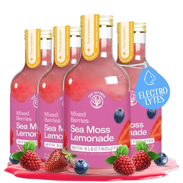 True Sea Moss Mixed Berry Lemonade Hydration Drink - Certified Organic, Vegan, Sugar-Free, Fitness Electrolyte Boost - Classic & Electrolyte Formula Variations, 4x12 fl oz Bottles