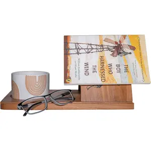 Wooden Triangle Book Stand & Reading Valet - Book Rest with Cup, Phone, Glasses & Pen Holder - Nightstand Book Holder &  for Book Lovers, Readers & Bibliophiles