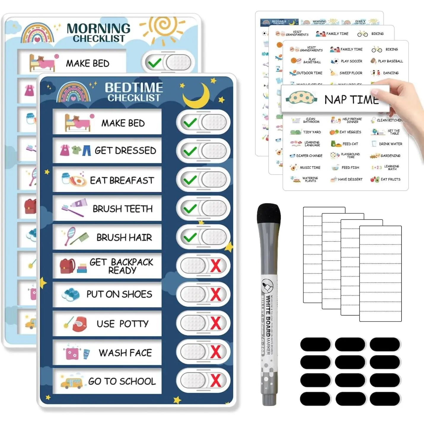 2-in-1 Daily Routine Chart - Bedtime & Morning Visual Schedule Board with Chore Checklist Tool for Busy Families, Office Stationery & Personal Organisers to Boost Sense of Accomplishment & Build Positive Habits
