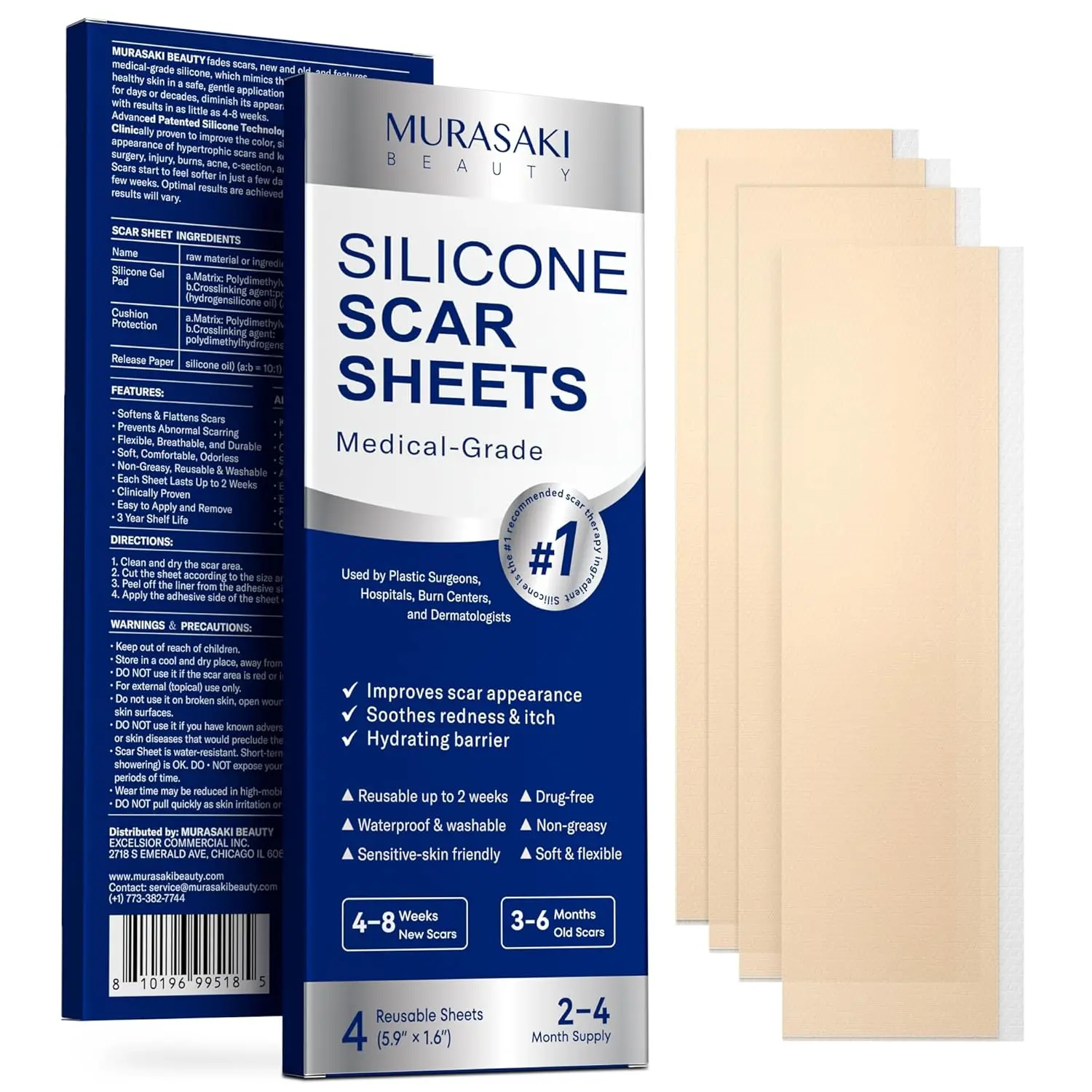 Murasaki Beauty Silicone Scar Sheets for Surgical Scars - 4 Sheets (1.5″ × 3″) Medical Grade Reusable Scar Tape for Surgical, C-Section, Burn, Hypertrophic & Keloid Scars, Medium/Tan Tone