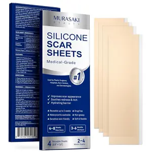 Murasaki Beauty Silicone Scar Sheets for Surgical Scars - 4 Sheets (1.5″ × 3″) Medical Grade Reusable Scar Tape for Surgical, C-Section, Burn, Hypertrophic & Keloid Scars, Medium/Tan Tone