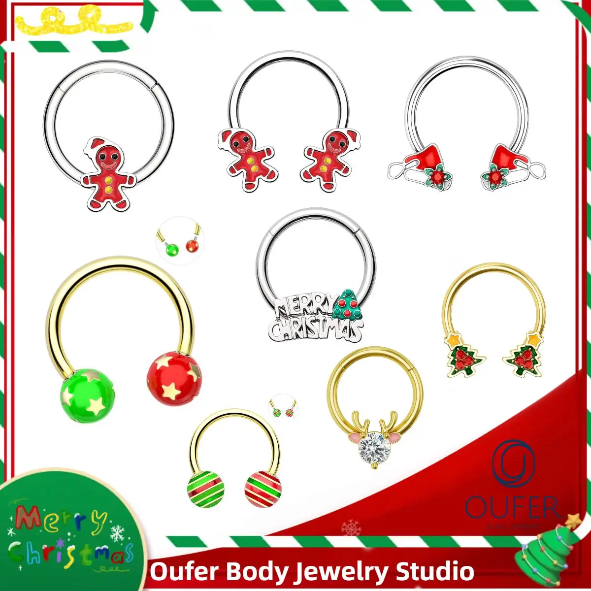 OUFER BODY JEWELRY 16G Septum Ring, Christmas Striped Horseshoe Piercing Jewelry, Internally Threaded 316L Stainless Steel Nose Ring for Unisex, Nose Ring Jewelry, Septum Piercing