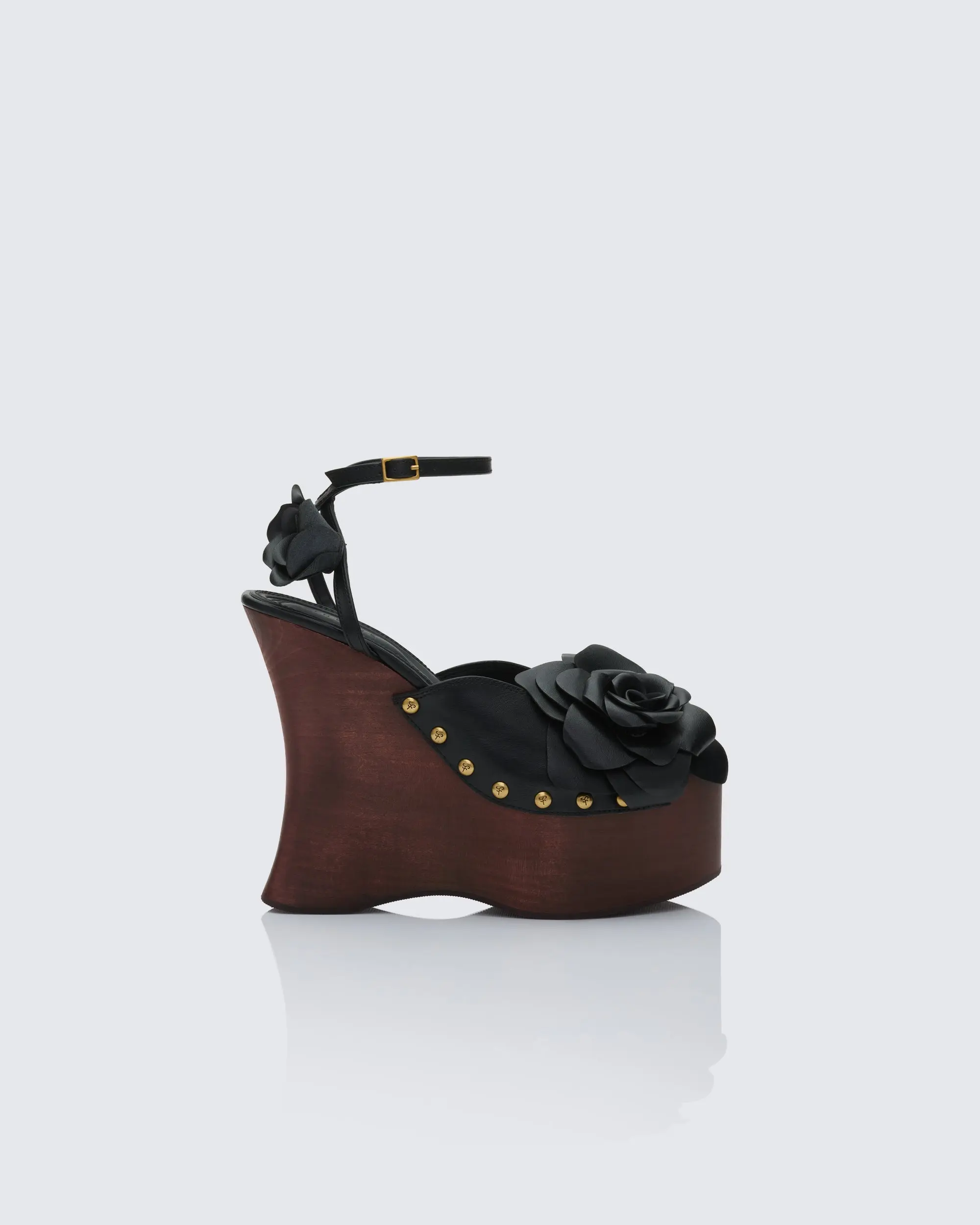 Women's Elegant Platform Wedge Sandals with Oversized Rose Corsage, Leather Open Toe and Studded Wooden Base, Footwear, Fashion, Women's Fashion, Stylish, Wedge Women's Sandals