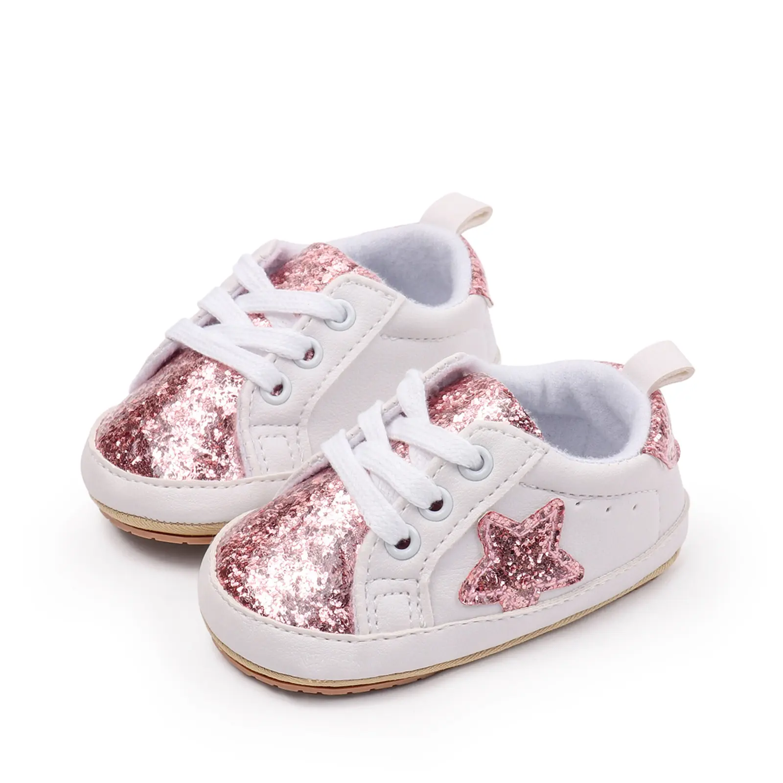Ma&Baby Baby Sneakers Contrast Color Sequins Shoelace Soft Sole Non-Slip Infant First Walking Shoes for Spring Fall 0-18 M