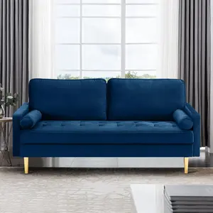 SZLIZCCC 65" Modern Velvet Loveseat Sofa Couch Mid-Century Tufted Upholstered Small Love Seat with 2 Pillows & 4 Golden Legs for Compact Spaces Living Room Apartment Navy