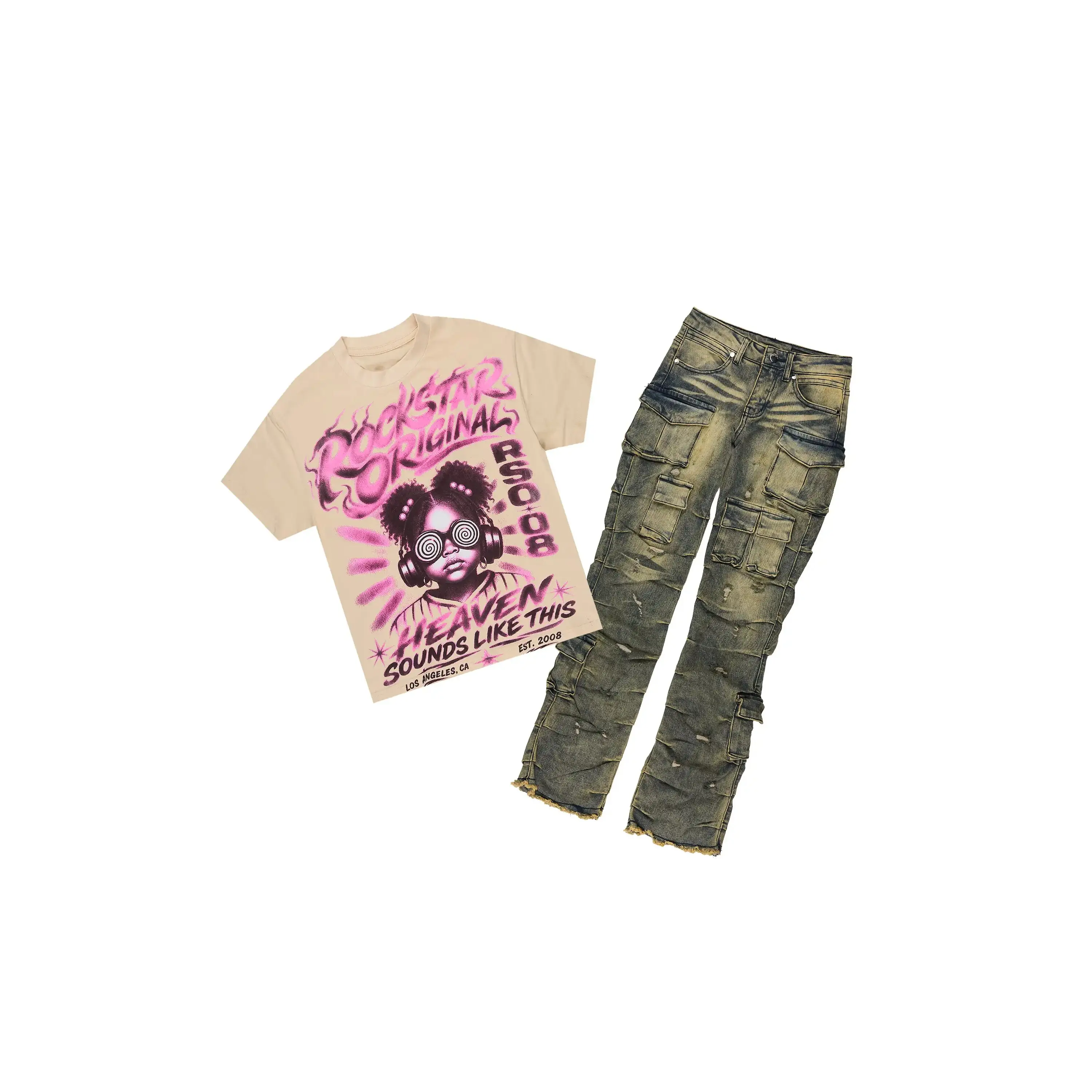 Girls Loomy Sand/Tint T-Shirt Stacked Jean Set