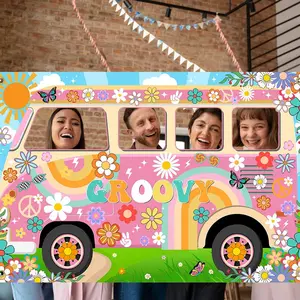 2D Flat Banner 1pc, Hippie Party Decor, Groovy Bus Banner, 60s Daisy Background, Photo Props, No Power Needed, Party Supplies