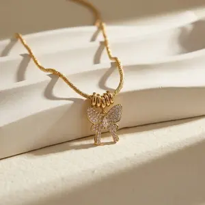 ZEGL 14K Gold Butterfly Necklace for Women, Iced Out Crystal Pendant with Textured Snake Chain, Y2K Aesthetic Dainty Jewelry, Gift for Her