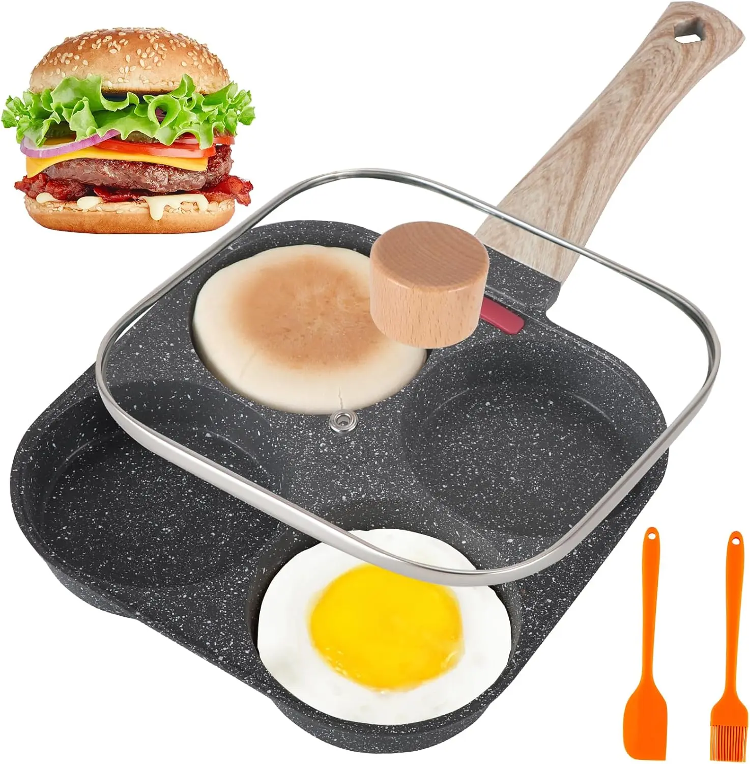 4 Cup Nonstick Egg Frying Pan with Lid, Multi Section Omelette & Pancake Maker, Perfect Round Eggs, Easy Breakfast Pan for Gas Stove,  Cookware