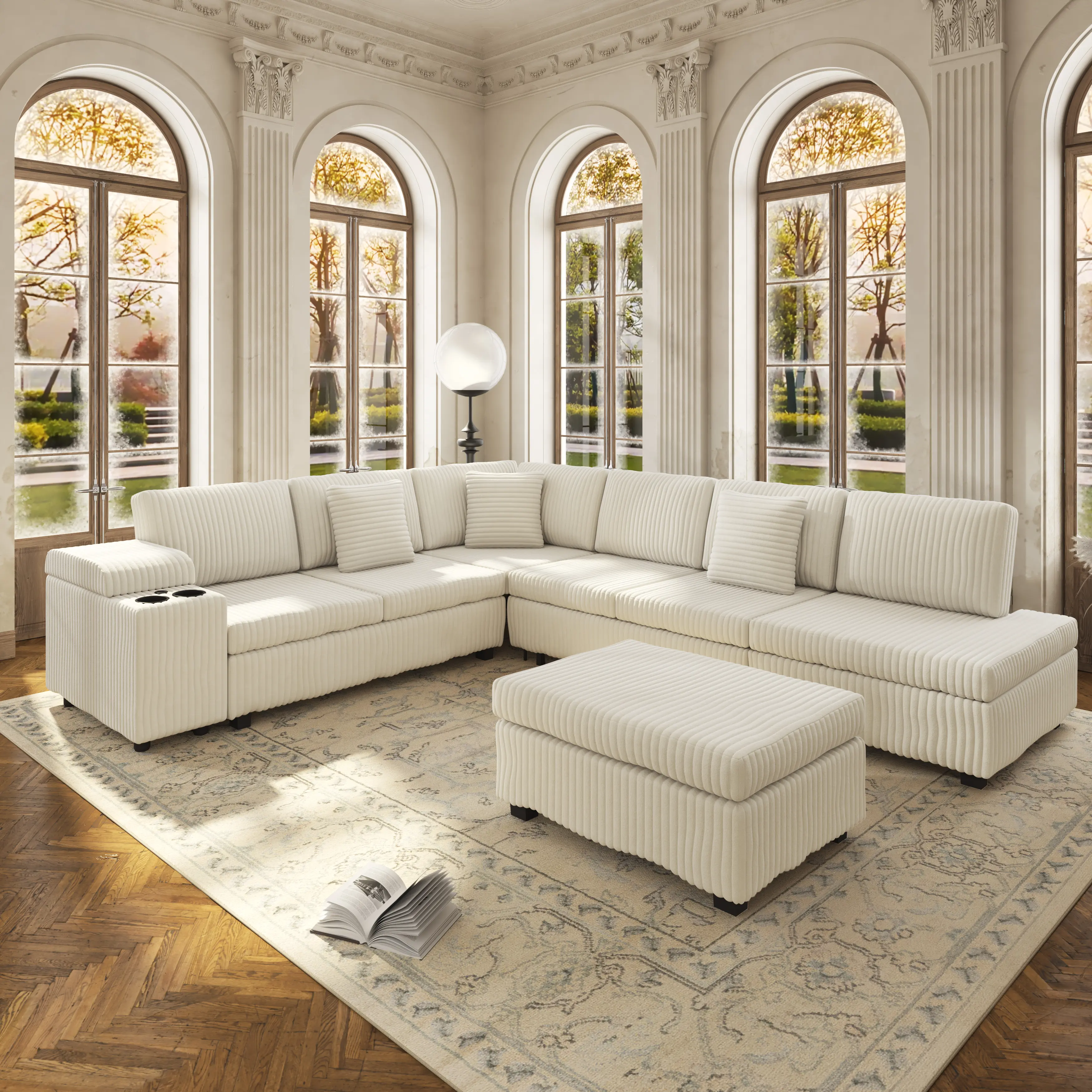 Plush Corduroy Sofa Sectional Couch - 110.2in Modular L-Shaped Corner Layout, Convertible Sleeper with Ottoman, Built-in USB Ports, Cup Holders, Hidden Storage, Ideal for Living Rooms, Apartments