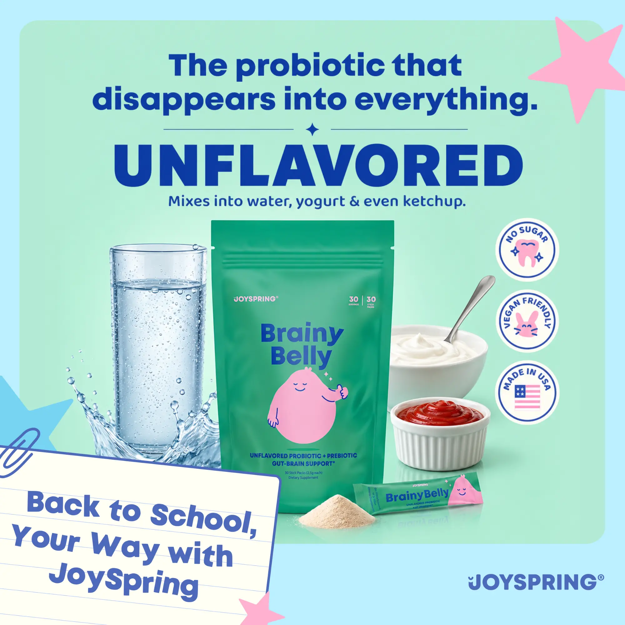 *NEW* JoySpring Brainy Belly Unflavored Kids Probiotic & Prebiotic Powder Sticks | Daily Gut & Digestive Support | Ages 4+