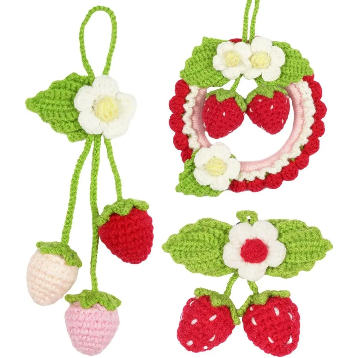 Crochet Kit for Beginners,Crochet Strawberry Ornaments,Plant Hanging Decorations with Step-by-Step Video Tutorials, 3 Pack Strawberry Decor