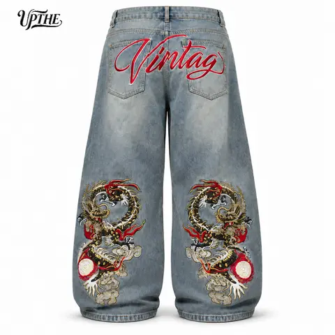 UP THE Men’s Dragon Embroidery Button Pocket Baggy Jeans - Vintage Washed Textured Denim, High-Waisted Wide Leg, High Street Vibe Pants for New Year, Daily Hangout Outfits