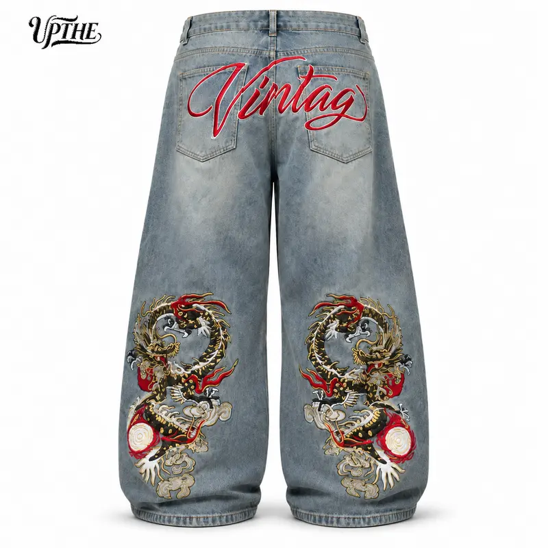 UP THE Men’s Dragon Embroidery Button Pocket Baggy Jeans - Vintage Washed Textured Denim, High-Waisted Wide Leg, High Street Vibe Pants for New Year, Daily Hangout Outfits