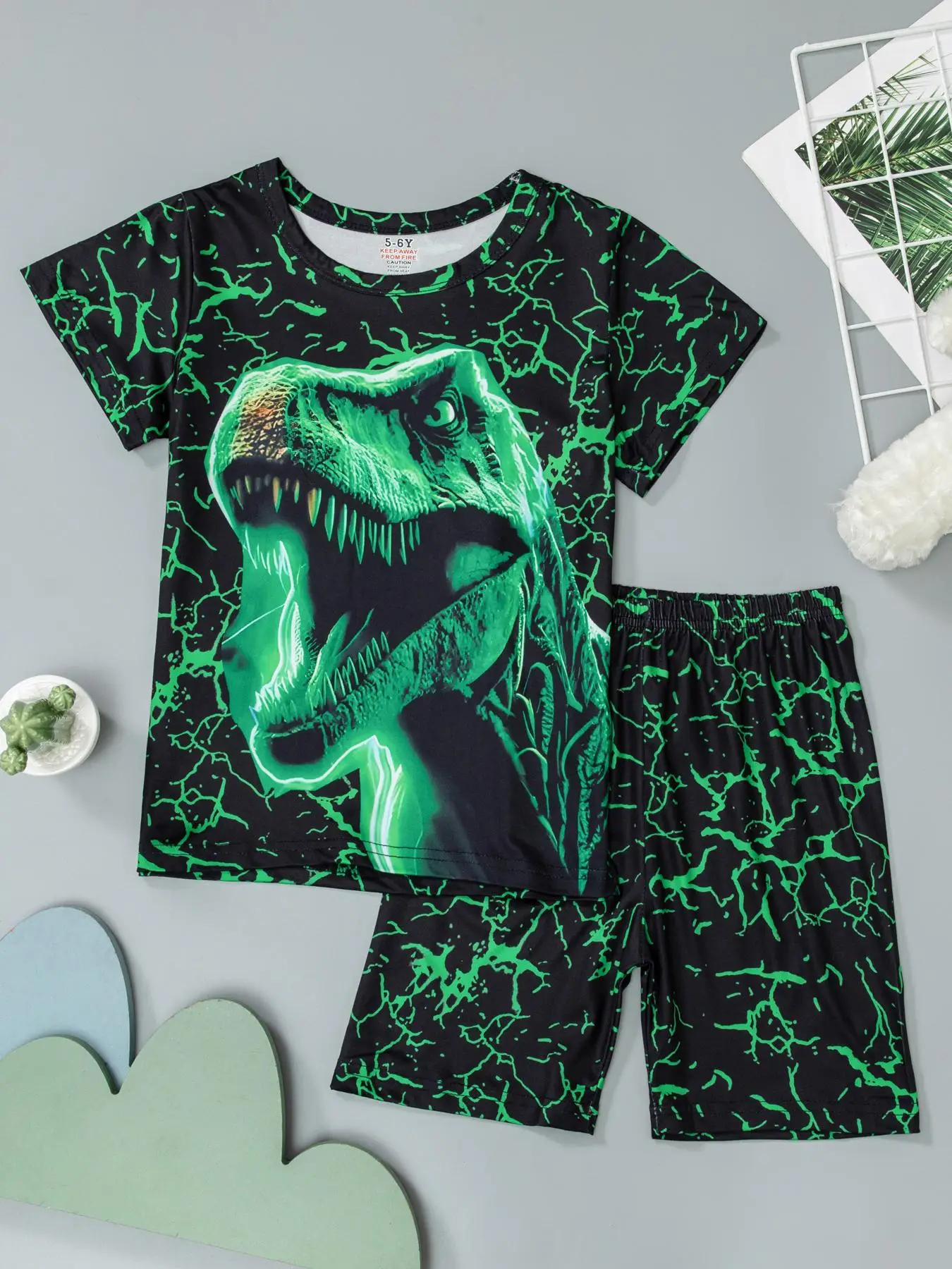 Boy's Dinosaur Print Tee & Shorts Pajama Set, Casual Comfy Round Neck Short Sleeve T-shirt & Shorts PJ Set, Kids Sleepwear for Summer