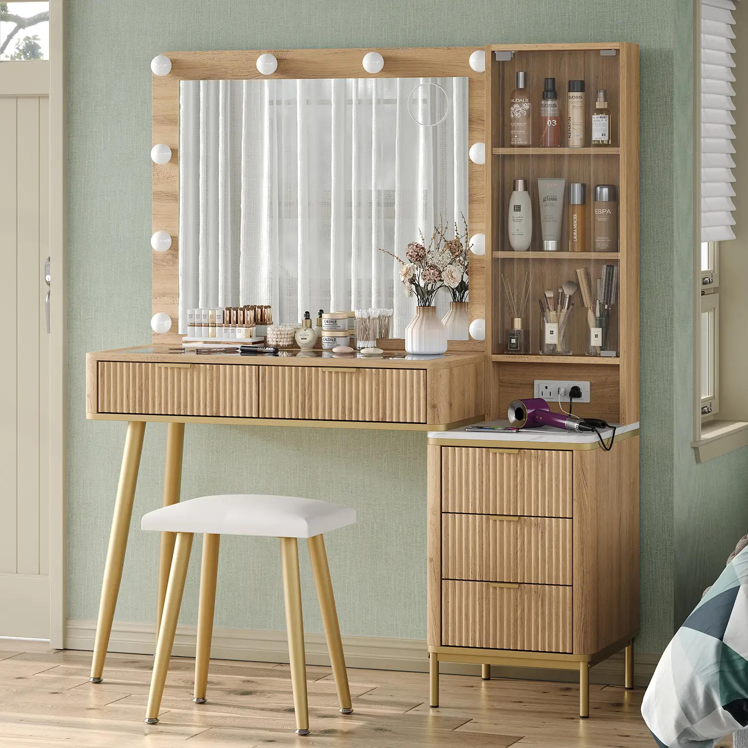 FUSOU 47“W Fluted Vanity Desk with Mirror and Lights, 5 Drawers Makeup Vanity with Power Outlet, 3 Lighting Modes, Brightness Adjustable, Glass Top, V