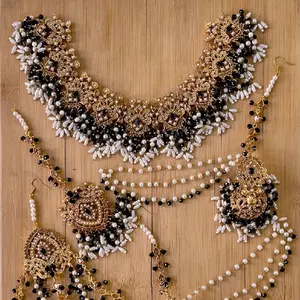 Premium BLACK PEARLS N BEADS Necklace with JHUMKA SAHARAY Tika Maang Paasa Jhoomar for All Occasions Elegant Design