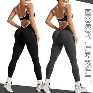 RIOJOY 1-2 Pack Women's Seamless Workout Colorblock Jumpsuit Sleeveless Slim-Fitting Contrast Trim Bodycon Scrunch Butt Lifting One Piece Romper Leggings Tummy Control U Neck Active Bodysuit for Yoga