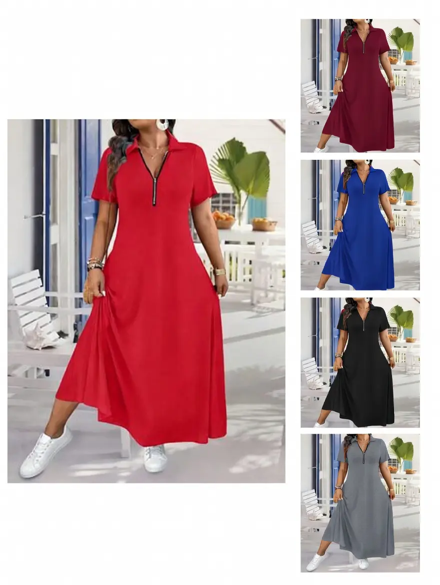 Women's Comfy Short-Sleeve Quarter-Zip Polo Maxi Dress - Smooth, Adjustable, Sporty, Breathable Polyester Pullover Casual Swing Dresses for Women (Multiple Colors)
