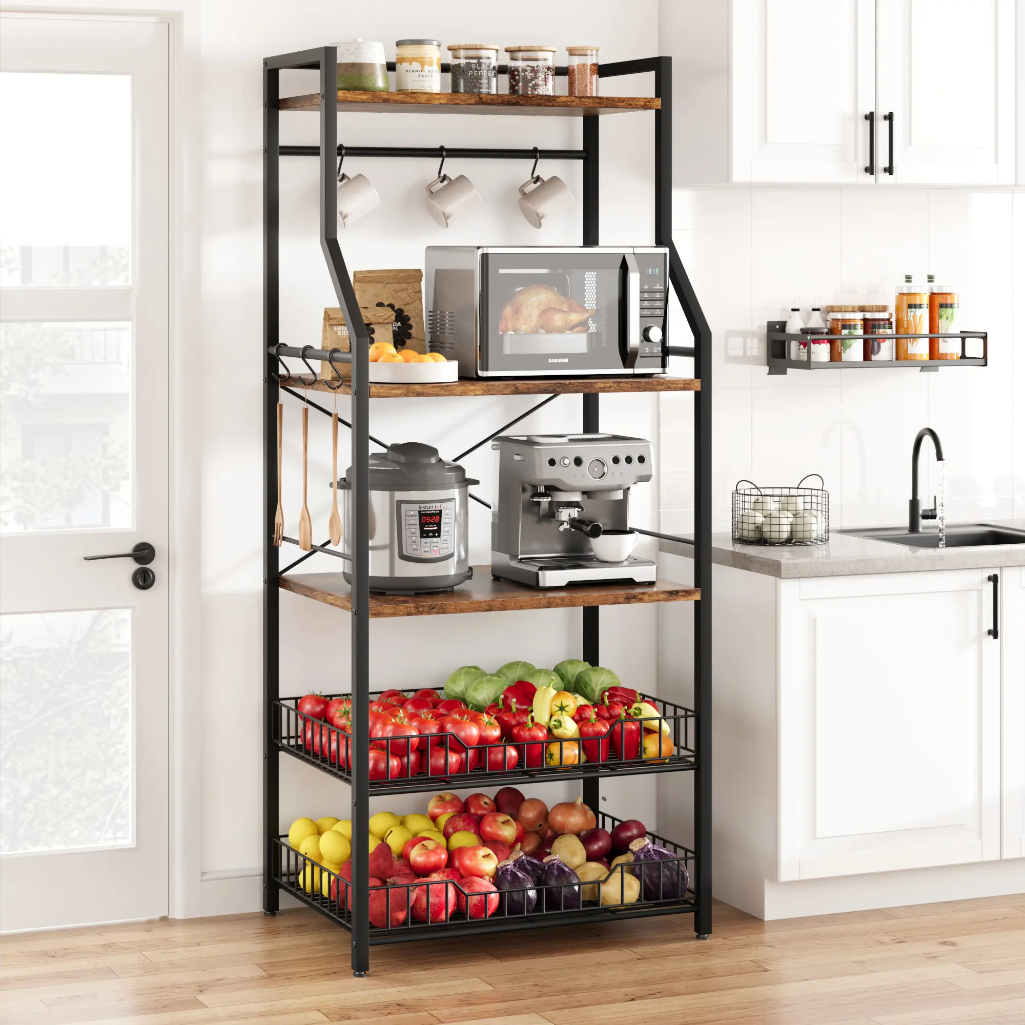Heavy Duty 5-Tier Bakers Rack - 350lb Capacity Open Industrial Bookshelf, Compact Kitchen Microwave Oven Stand with 2 Large Baskets, 8 Hooks, Freestanding Metal Space-Saving Organizer for Appliances