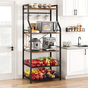Heavy Duty 5 Tier Bakers Rack for Kitchen Storage, Compact Microwave Oven Stand with 2 Large Baskets and 8 Hooks, Coffee Bar Station, Freestanding Metal Frame Organizer for Appliances, Space Saving