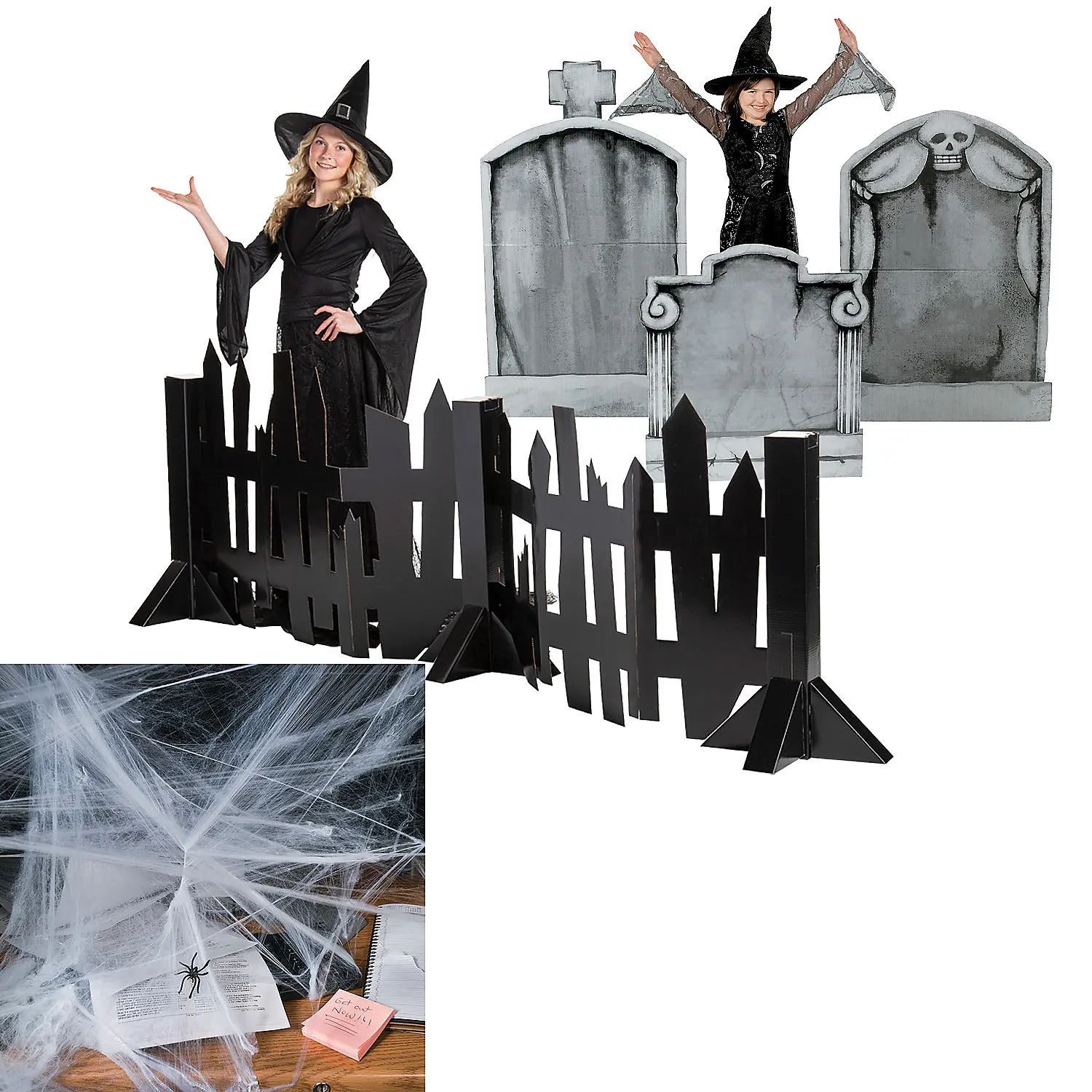 16-Pc. Large-Scale Spooky Cardboard Creepy Fence Halloween Decoration Kit with Spider Web