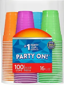 Party On Disposable Plastic Cups, Assorted, 16 Ounce, 100 Count