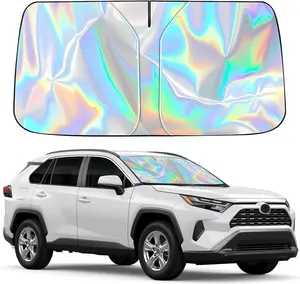 Car Windshield Sun Shade, Foldable Universal V-Cut 240T Polyester, 99% UV Blocking Heat Defense, Laser Titanium Silver Coating, 57"x31.5" Easy-Install Vehicle Cooling Shield