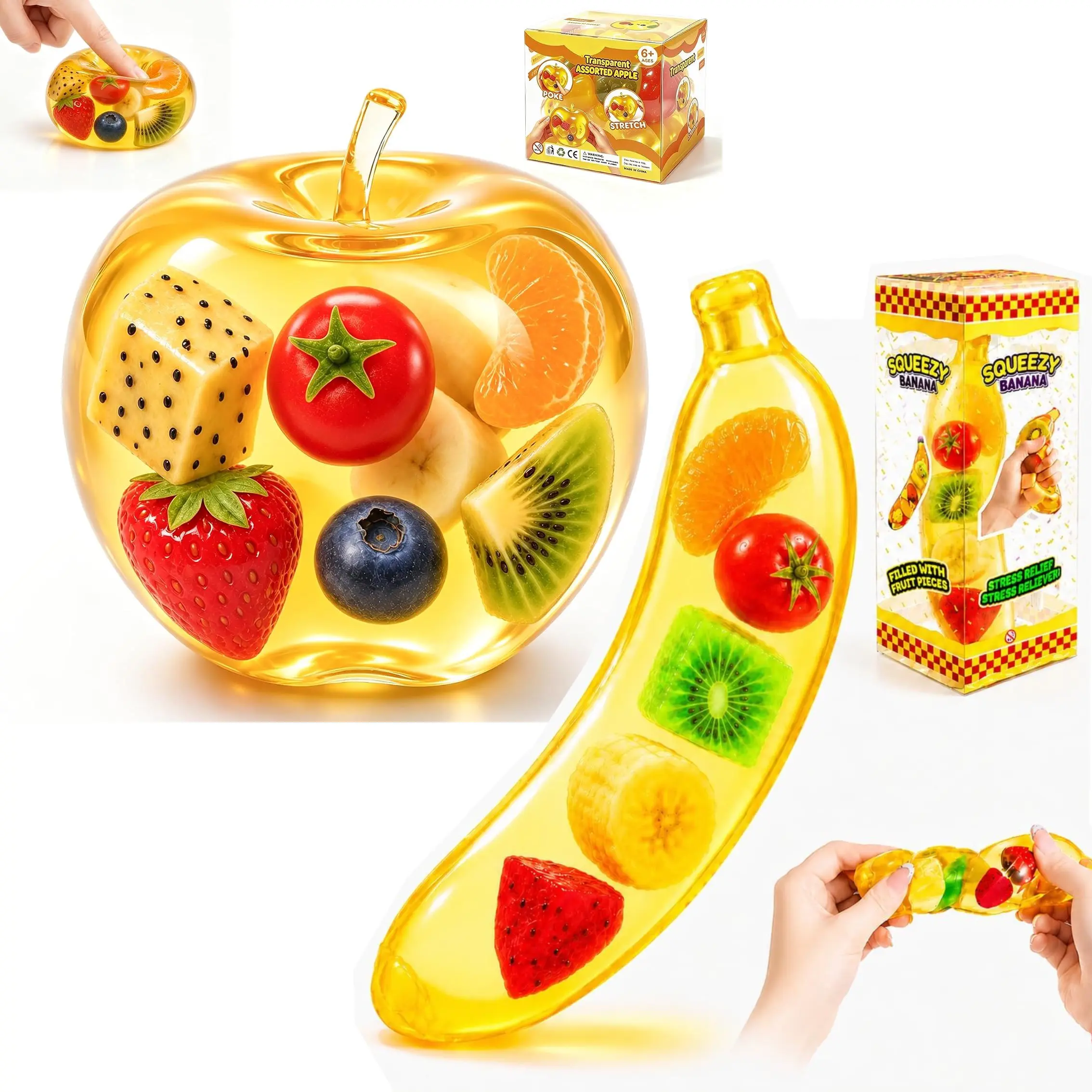 Vaseline Banana Squishies Toys, Silicone PVC-Free Unisex Stress-Anxiety Relief Fidget Sensory Toy with Colorful Fruit Interior, Ages 12+ Kids' Birthday Party Favor Classroom Reward