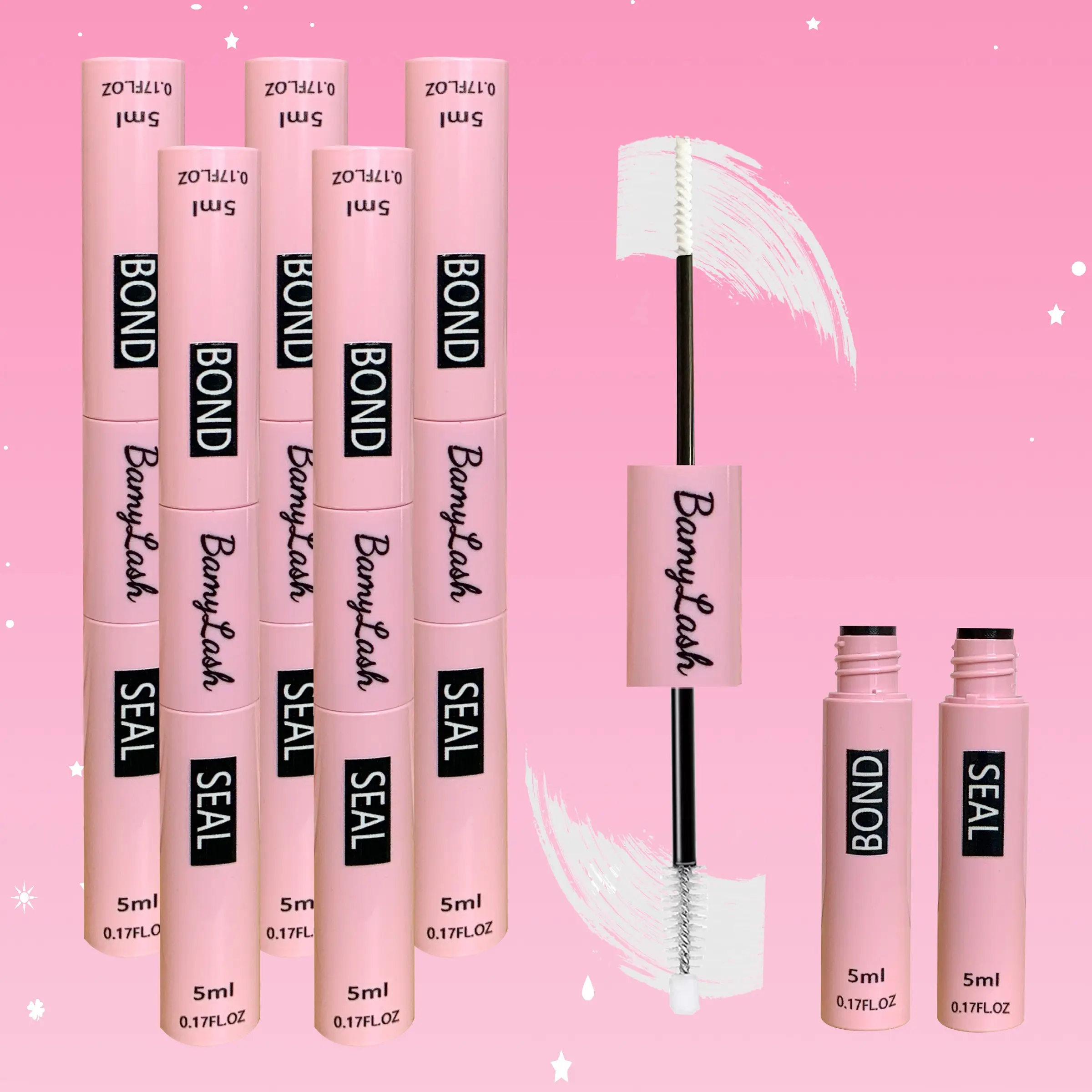 5 Boxes Eyelash Bond and Seal, Waterproof 10ml Cluster Lash Bonding & Sealing, Clear Eyelash Adhesive Suitable for Eyelash Groups 72 hours, Transparent Super Strong Long Lasting Eyelash Extensions Sealing Eyelash Extension Glue Lashes Adhesive