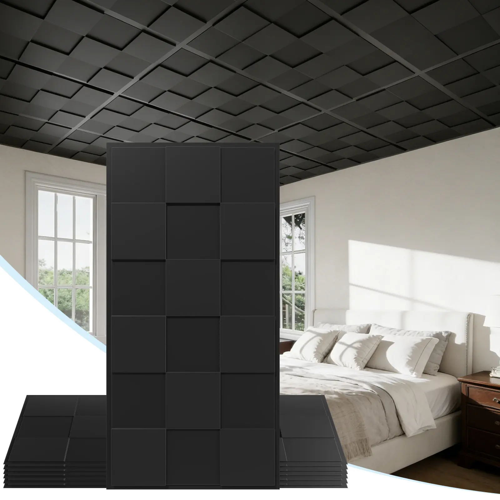 LooYee 24 PCS 2x4 FT Black Cross-Shaped Block Design PVC Ceiling Tiles, 24x48 in 3D Modern Minimalist Indoor Panels, Waterproof Cuttable for Basement, Ideal for Commercial & DIY Users (Covers 192 Sq.Ft), Plaid