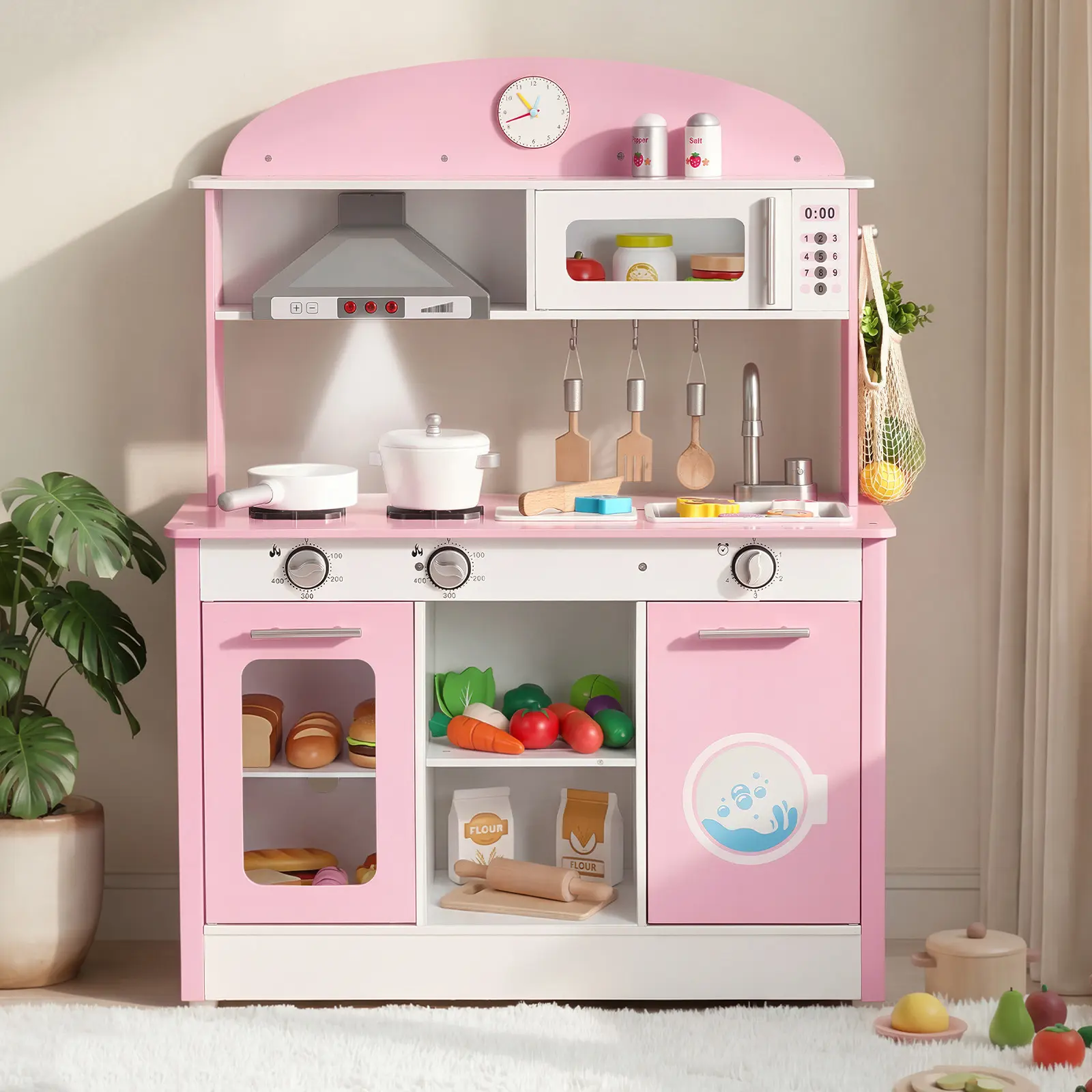 VEVOR Wooden Kids Play Kitchen Playset, with Real Light Sounds, Batteries, Food & Cookware Accessories, Range Hood, Microwave, Pretend Play Toy for Toddlers Ages 3-8, Pink, With Batteries, Child-Safe Kitchen Playsets, Nontoxic Kitchen Play#BacktoSchool