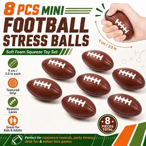 8Pcs Mini American Football Foam Stress Balls, 9cm Soft Brown Squeeze Toy Set with Textured Grip, Lightweight Hand Grip Practice Balls for Indoor Tossing, Classroom Rewards, Party Favors, Sports Birthday Gifts, Office Desk Fun & Decorations