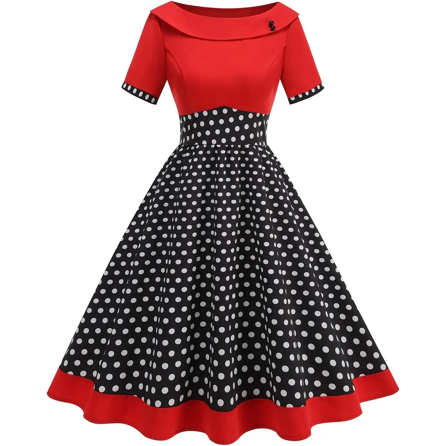 Women's 1950s Retro Polka Dot Empire Waist Swing Dress - Short Sleeve Boat Neck Midi, Side Zipper, Buttons Detail, Polyester, Elegant Party Wedding Guest Essential Dress