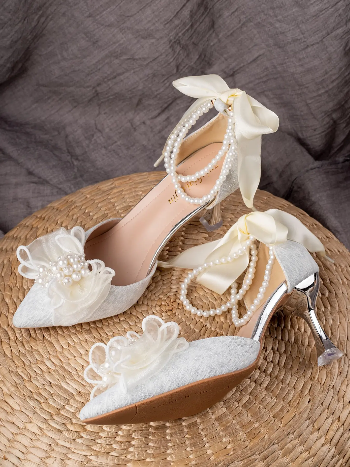 Women's Elegant Silver Color High Heel Shoes, Textile Upper, Pearl Bow Design, Comfortable Party Wear Evening Footwear, French Style Slip-On Pumps