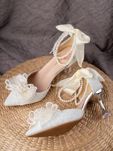 Women's Elegant Silver Color High Heel Shoes, Pearl Bow Design, Comfortable Party Wear, French Style Slip-On Pumps