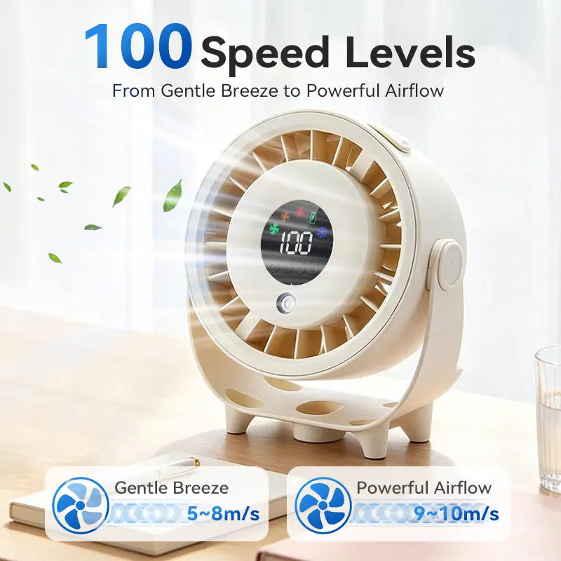 Qawtor Misting Desk Fan with Long-Lasting Battery, 100-Speed Rechargeable Personal Fan with LED Display, Quiet Portable Table Fan for Home, Office & Bedroom