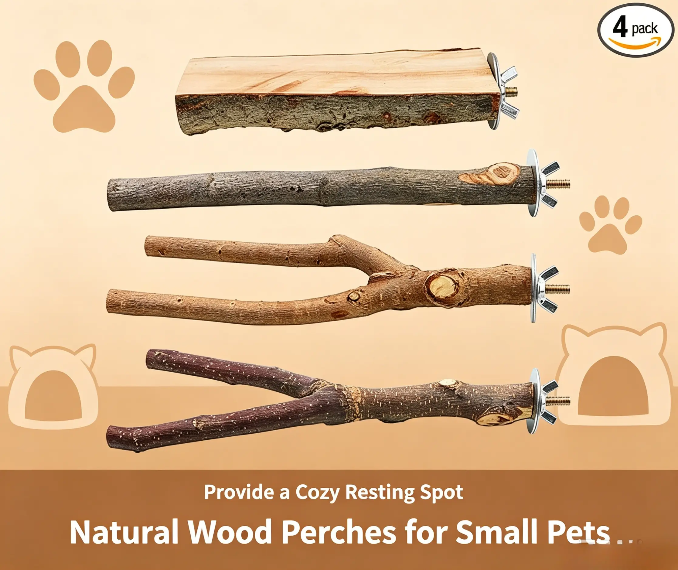 4 Pieces Natural Wood Bird Perch - 5.1in x 2in & 7.9in Fork Branch Stand, Bark Texture Hanging Swing Toy for Small Birds - Parrot Cage Accessories, Canaries Wooden Utensils, Foot Exercise