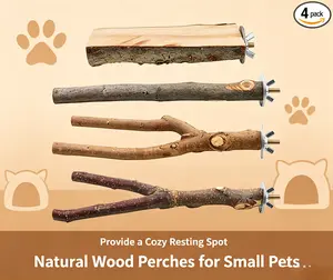4 Pack Natural Wood Bird Perch – Fork Branch Stand & Hanging Swing Toy for Small Birds – Parrot, Parakeet, Budgie, Cockatiel, Conure, Finch Cage Accessories