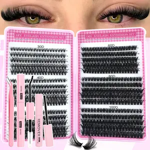 600 Pcs Eyelash Extension Kit with Glue, Tweezers and Remover Cream, Mixed 8–16 mm Lengths, Curl Lashes, Large-Capacity Beginner-Friendly DIY Eyelash Extension Set for Home Use, Diy Lash Cluster, DIY Eyelashes Kit.