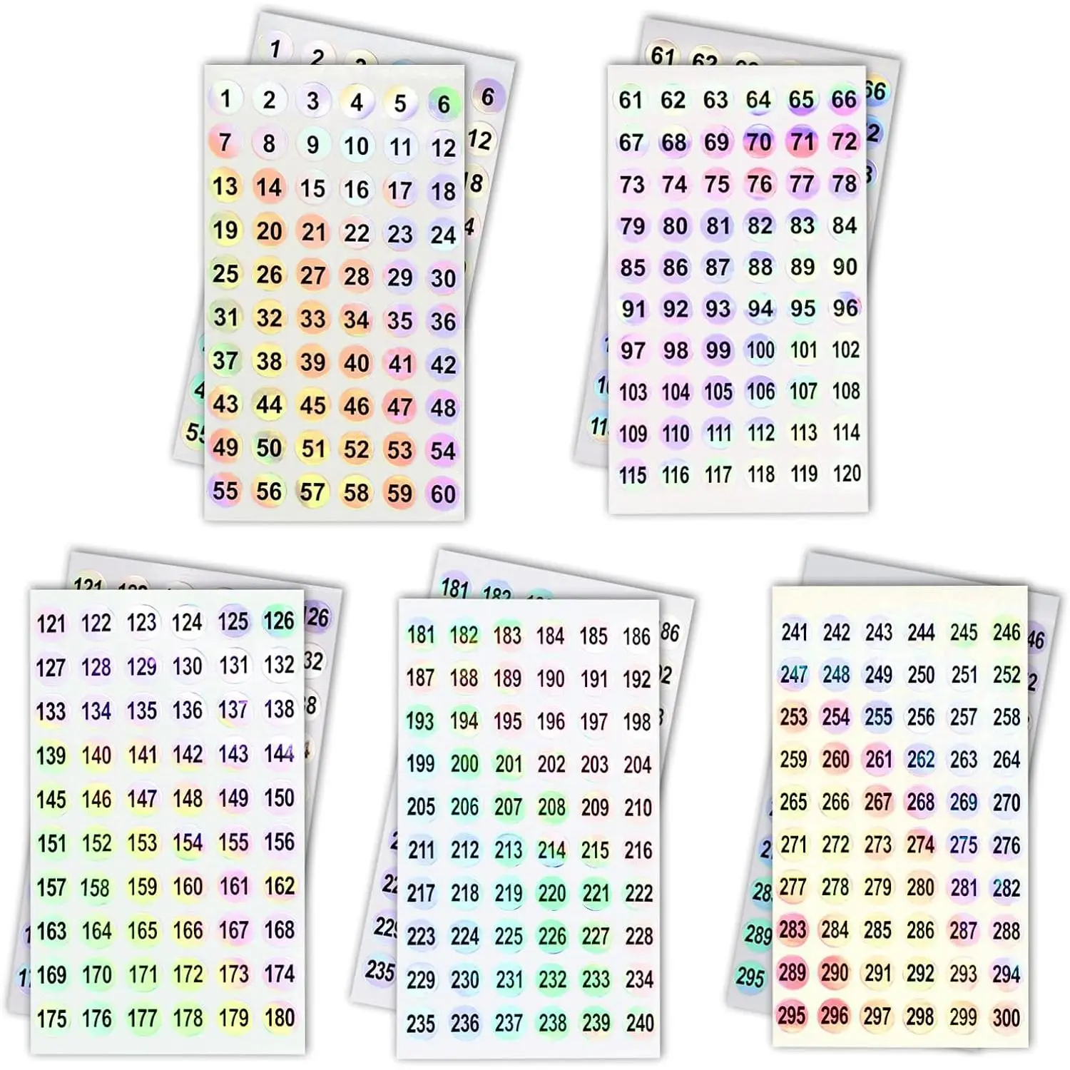 2 Sets Number Stickers (-300), Self Adhesive Holographic Label Stickers for Organizing  Polish Bottle/ Swatch Sticks/Lipstick (Dia.10mm)