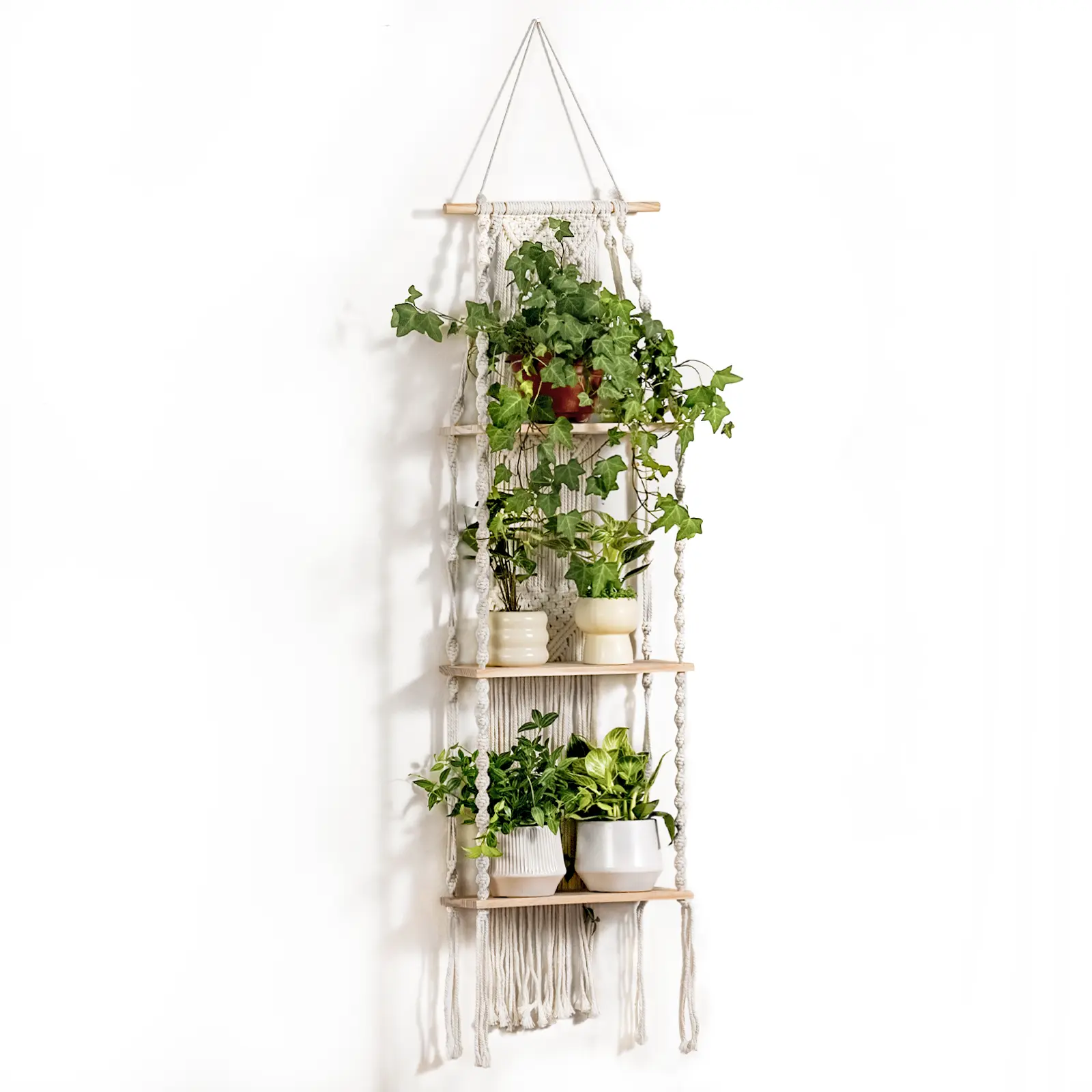Bamworld Wooden 3-Layer Artisan Woven Cotton Cord Wall Hanging Floating Shelves - Plant Holder Hanger, 20 lbs Max Capacity, Easy Installation, Boho Charm, for Bedroom Living Rooms Decor Gift, Shelf, Corner Shelf Racks & Displays