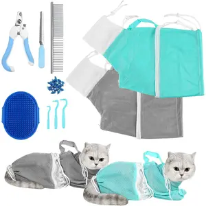10-piece cat bathing kit, adjustable cat shower net bag and pet grooming brush, includes nail clippers, nail file, hair comb, tick tool, and nail caps, for bathing, trimming nails, and inspection (gray + green)