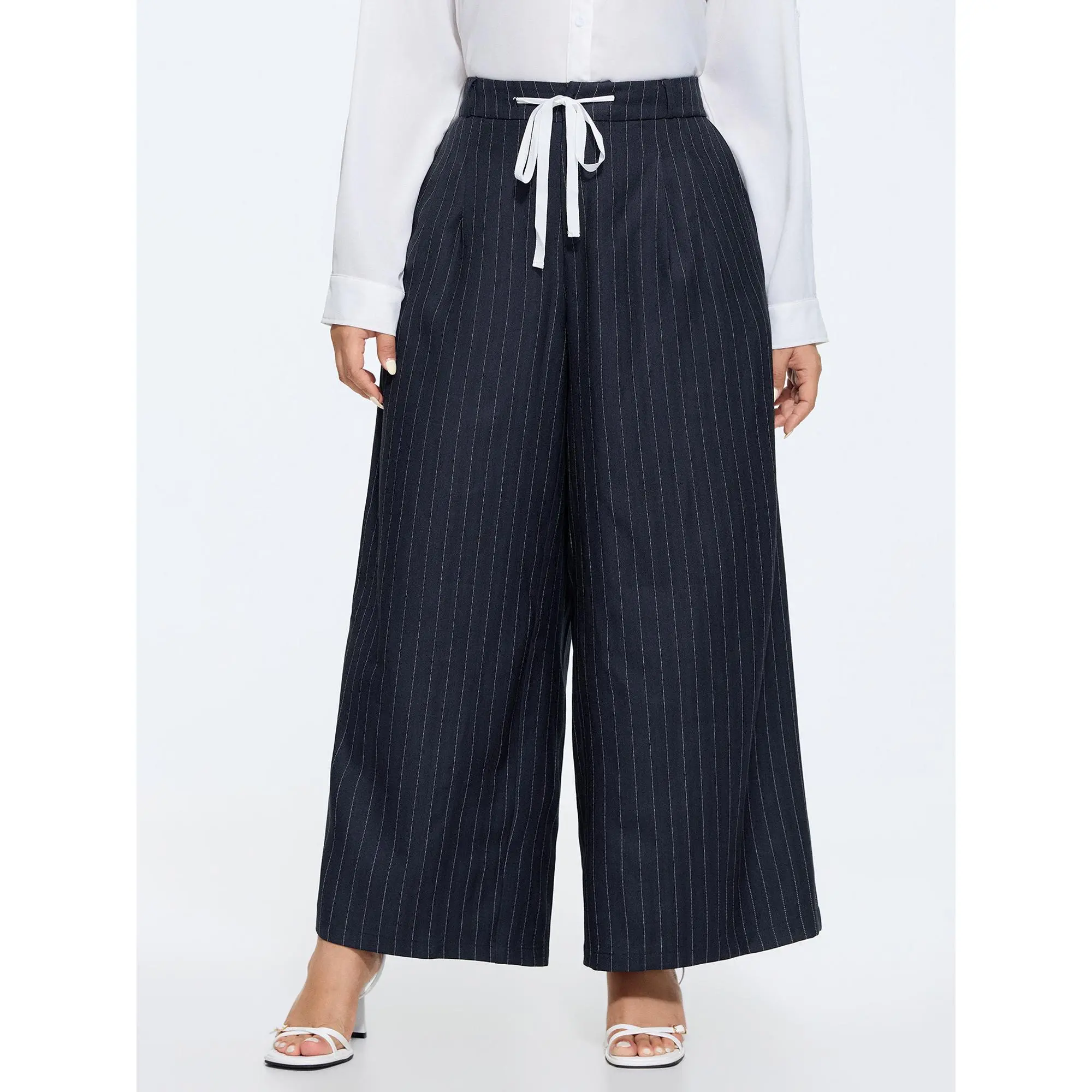 BloomChic Women's Plus Size Striped Wide-Leg Pants, Loose Mid Rise Office Casual Trousers with Drawstring Waist and Pockets, Smooth Spandex, Machine Wash, Plus Size Clothes, Regular Length, Fit, Loose Cut, Spandex Blend, Stripe Print