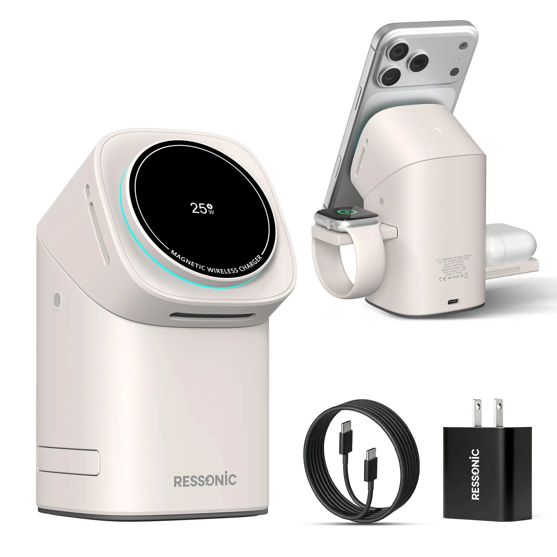 3 in 1 Wireless Charging Station for iPhone & Samsung, 25W Fast Magnetic Charger Stand with 45W Adapter for Magsafe iPhone 17/16/15/14/13/12 Pro Max, AirPods, Apple & Galaxy Watch