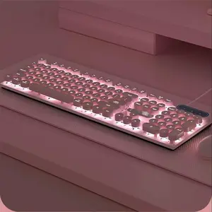 Retro Punk 104 Key Wired Mechanical Feel USB Keyboard and Mouse Set, Pink White Backlit RGB Gaming Keyboard with Mute Buttons, 19 Key No Punch Design, Gasket Switch for Home Office and PC Gaming, Backlit Keyboard, Rgb Lights