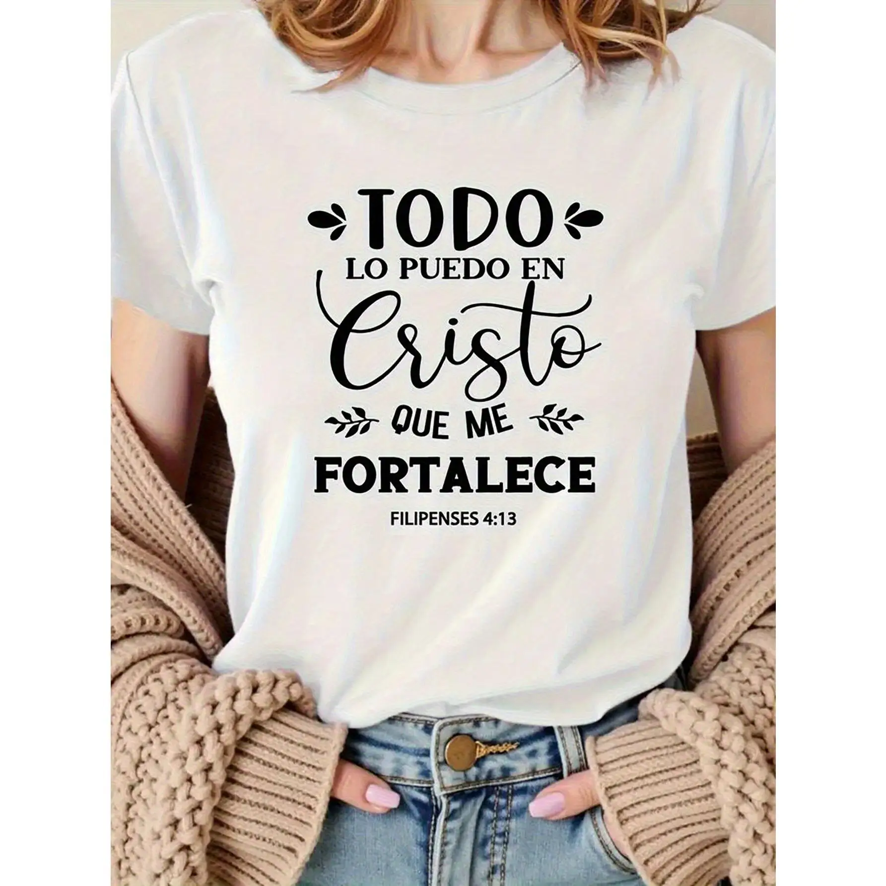 1pc Faith-Inspired Bible Quote Print T-Shirt for Women - "Todo Lo Puedo En Cristo Que Me Fortalece" - 100% Cotton T-Shirt - Versatile for Casual, Spo
