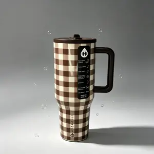 HydroJug 40 oz Cute Brown Gingham Tumbler Insulated Stainless Steel Cup with Handle Leak-Proof BPA-Free for Work School On-the-Go Hydration Drinkware Flasks Stylish Peace Mug Bottles Water Bottles Portable outdoorfun