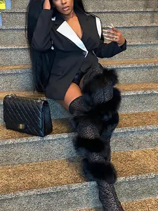 Women's M3206 & Colorblock Suit Jacket, Longline Waist Cinching Single Button Deep V Neck Coat, Trendy Streetwear Outerwear