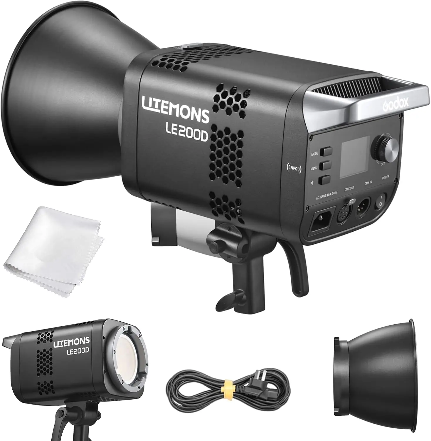 Godox LE200D Daylight LED Video Light, 63500 Lux @1m Studio Light, CRI 96+ TLCI 97+, All in One Design with Internal Power, Instant NFC Pairing, 7 FX, Bowens Mount for Studio, Livestream (Black) Photo Studio Light